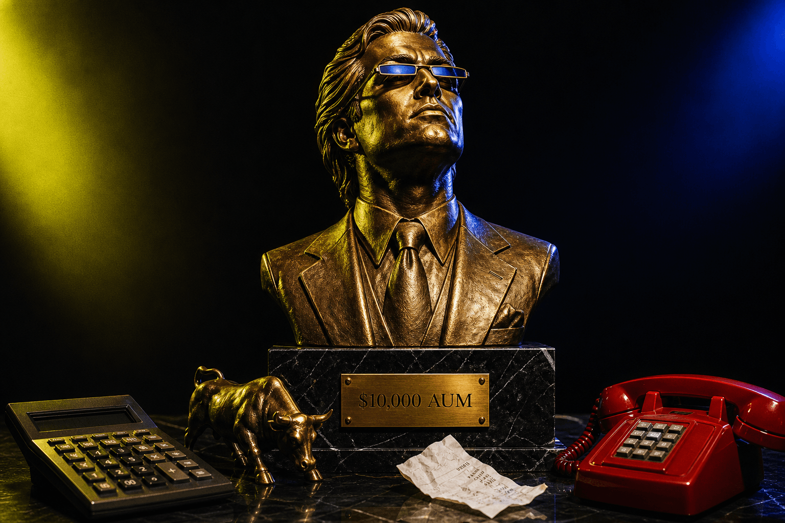 A grandiose bronze AI fund manager presiding over ten thousand dollars